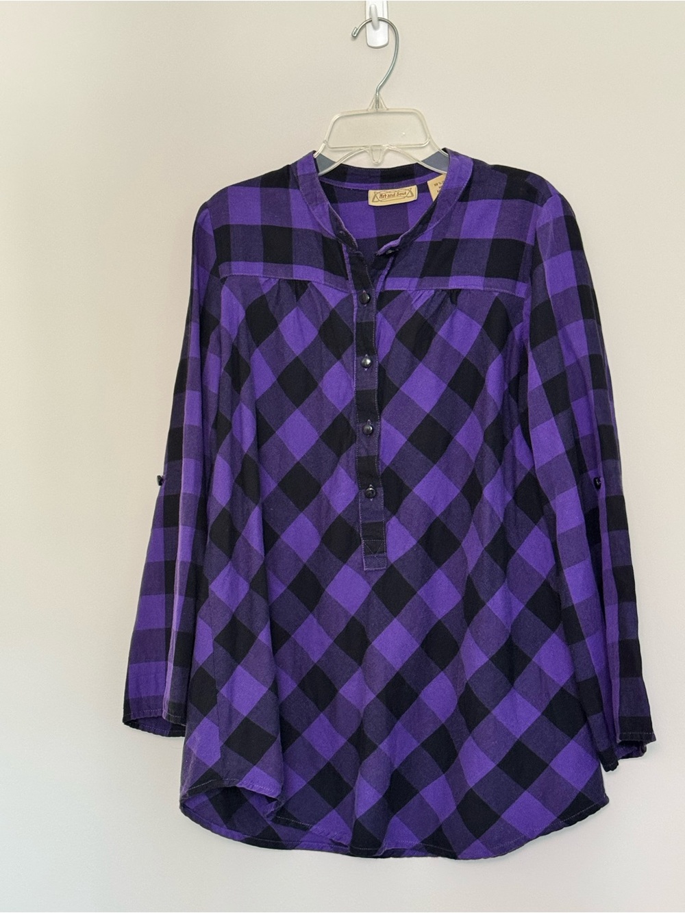 Art And Soul Purple and Black Plaid Henley Tunic 100% Cotton Adjustable Sleeves